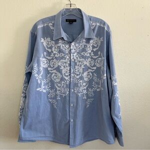 INC International Concepts Embroidered Button Up Long Sleeve Blue White Size XL